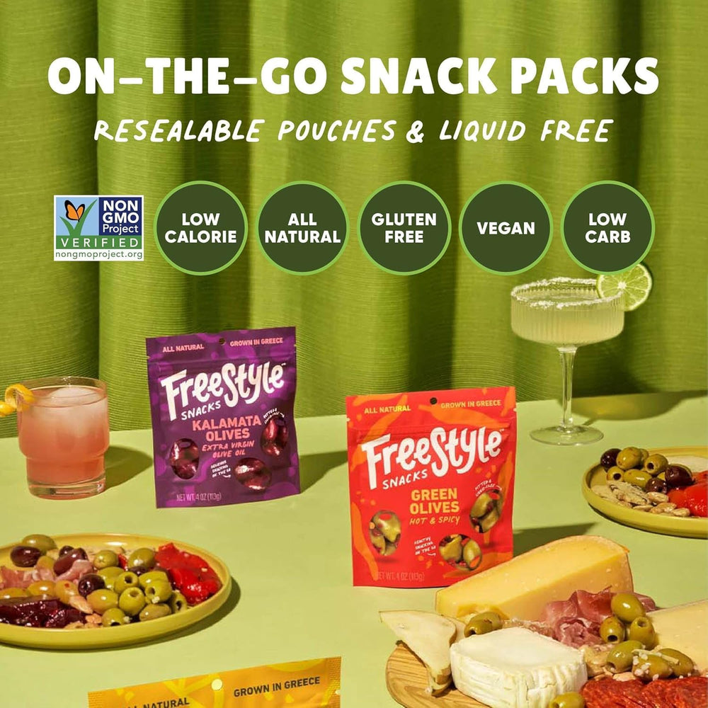 Freestyle Snacks green olives lemon garlic ingredients shown, simple and clean flavor base.