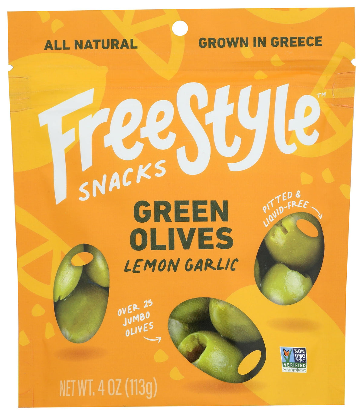 Freestyle Snacks green olives lemon garlic jar, perfect for antipasti and snacking.