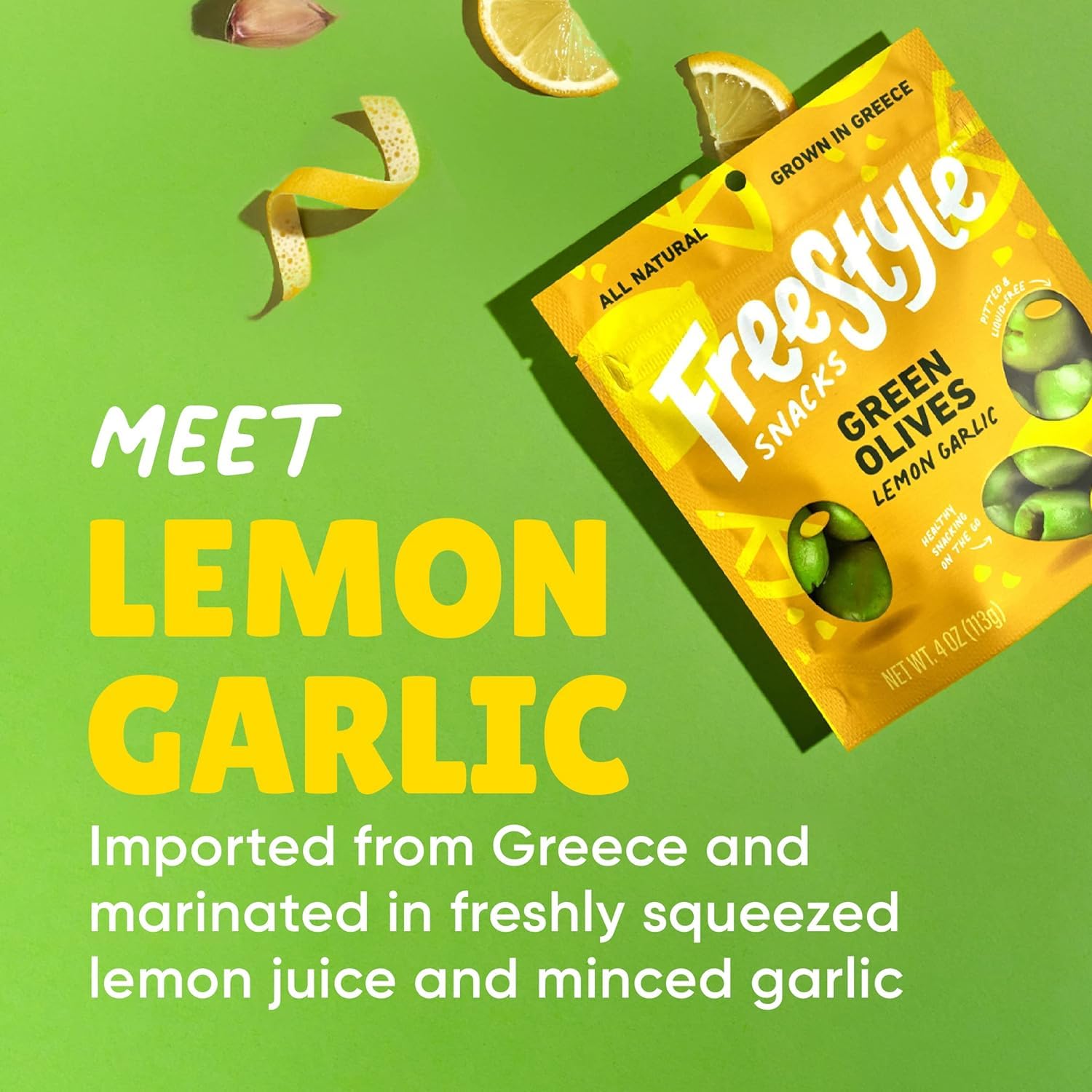 Freestyle Snacks green olives lemon garlic packaging, premium quality packaging for easy storage.