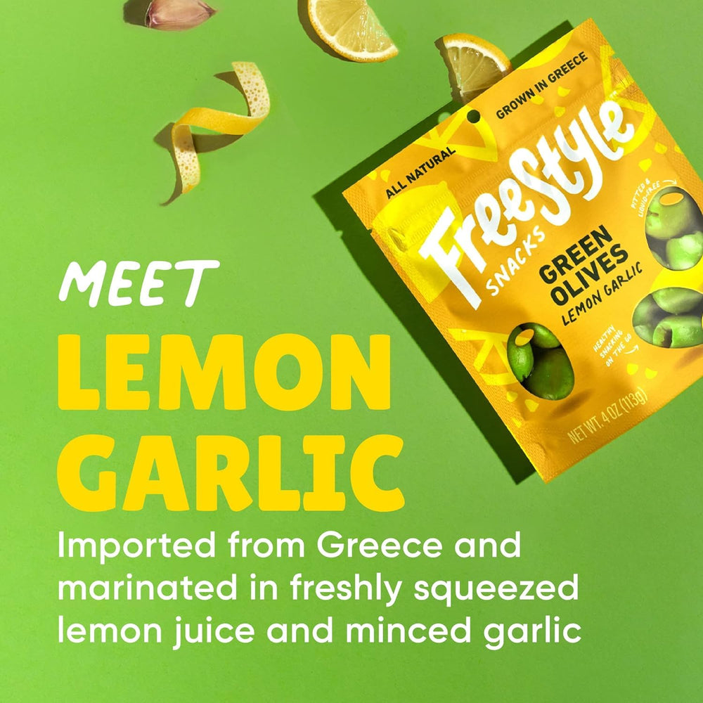 Freestyle Snacks green olives lemon garlic packaging, premium quality packaging for easy storage.