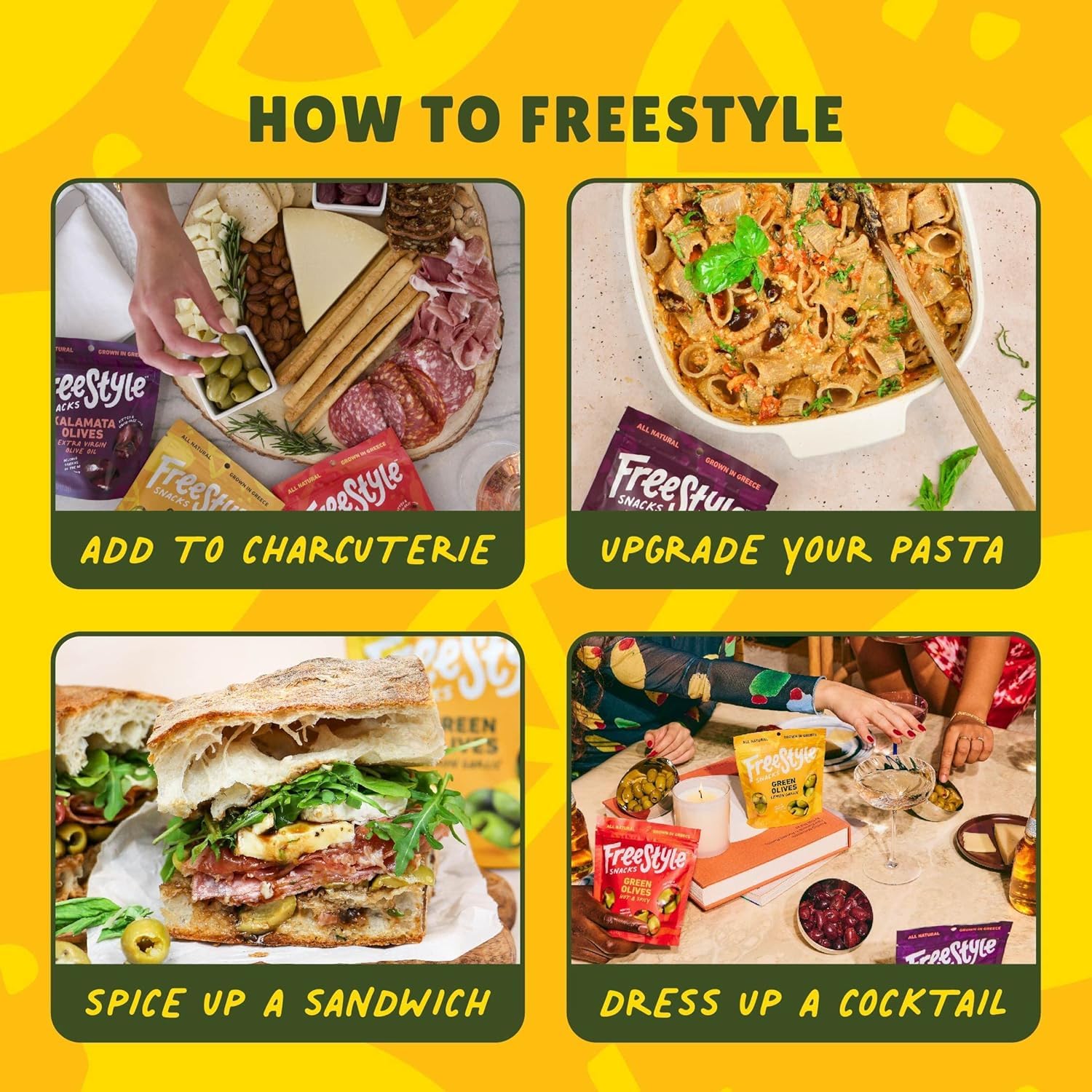 Freestyle Snacks green olives lemon garlic skewers, ready-to-serve appetizer ideas.