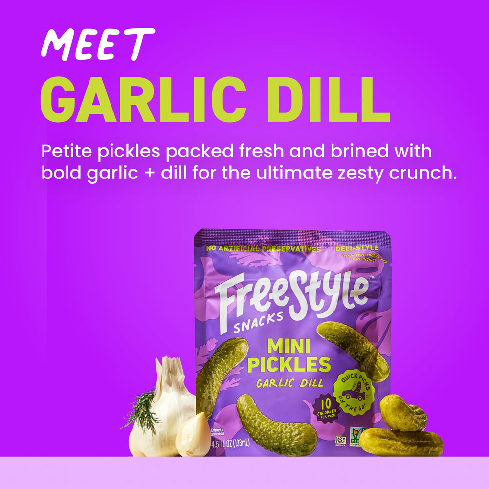 Freestyle Snacks pickles with natural ingredients presented for deli-style appeal.