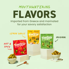 Freestyle Snacks olives close-up, Greek-grown flavor with olive oil glaze.