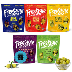 Freestyle Snacks olive pack with five flavors in a resealable pouch for mess-free snacking.