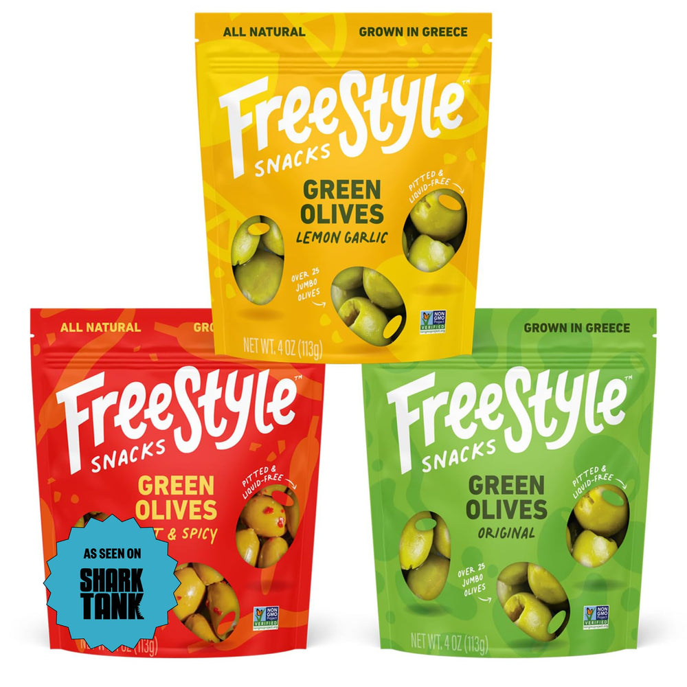 Freestyle Snacks olive pack front view, resealable pouch for mess-free snacking.