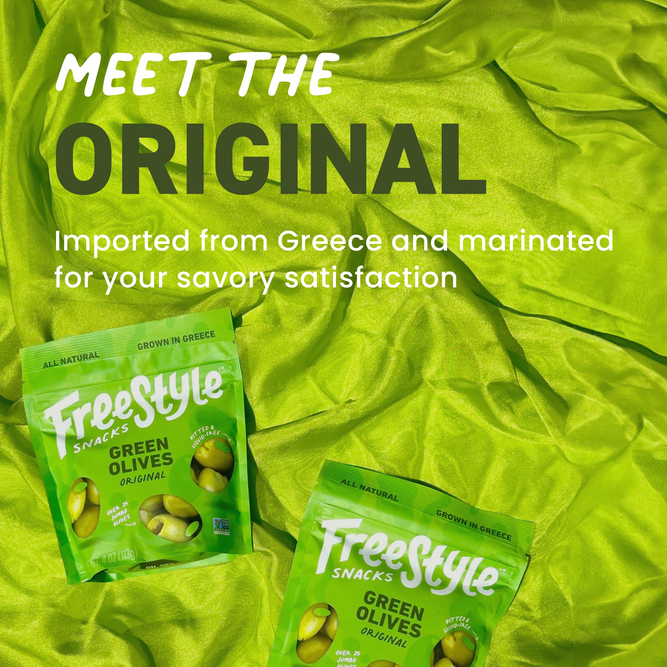 Freestyle Snacks olive pack on the go, portable and ready to snack.
