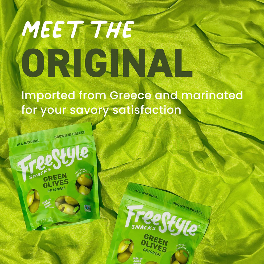 Freestyle Snacks olive pack on the go, portable and ready to snack.