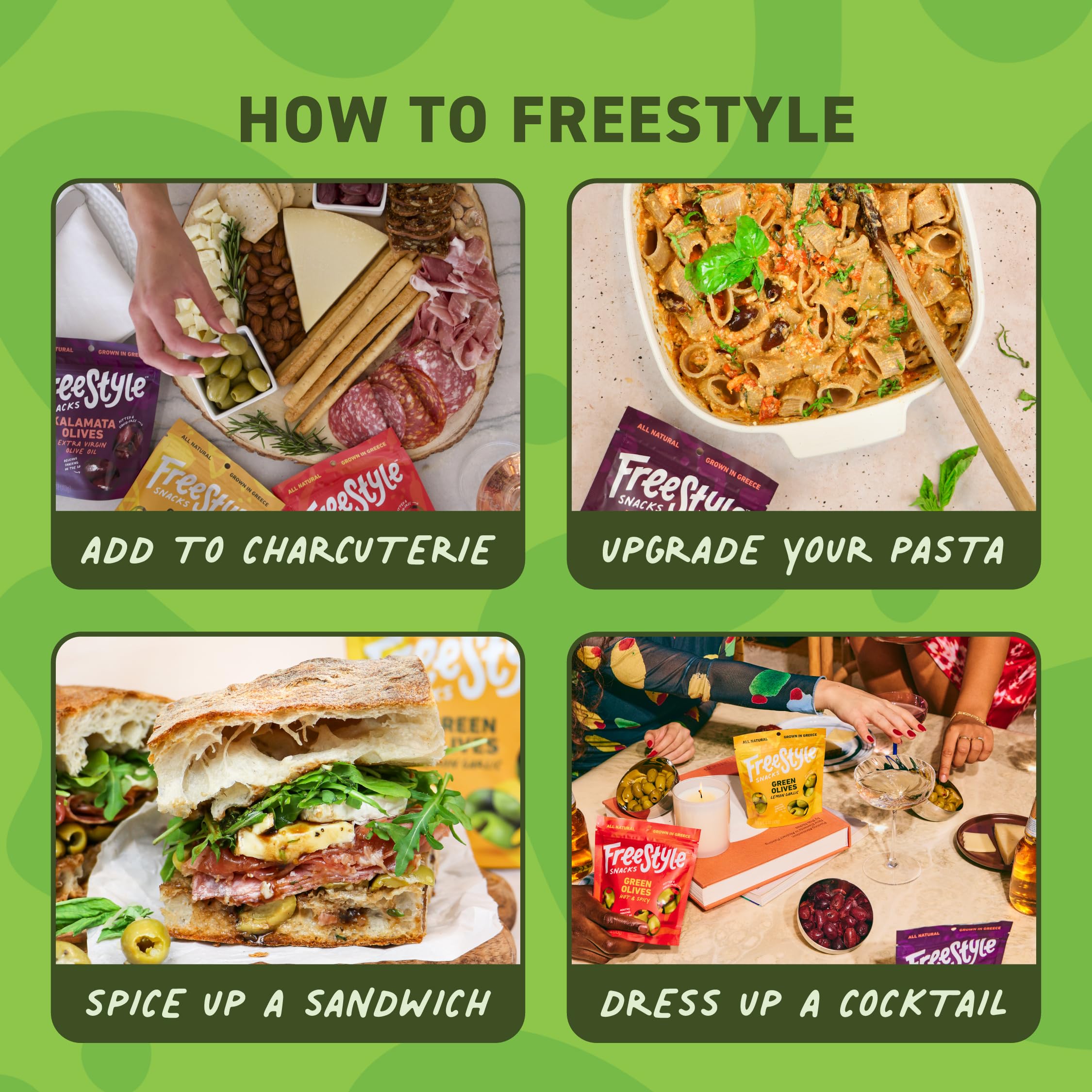 Freestyle Snacks olive packs trio flavors image, ideal for gatherings.