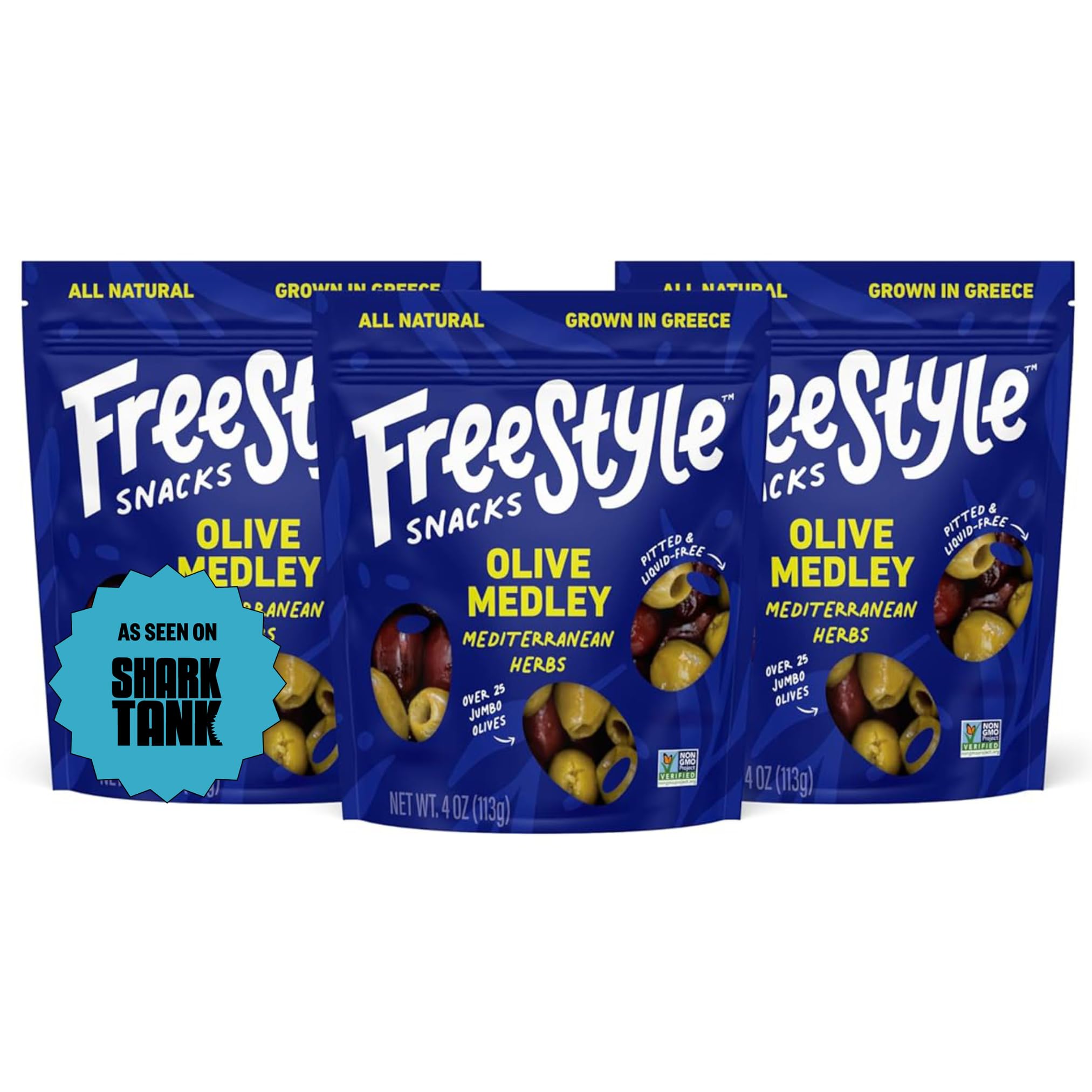 Freestyle Snacks olive packs with a Mediterranean herb medley in a resealable pouch.