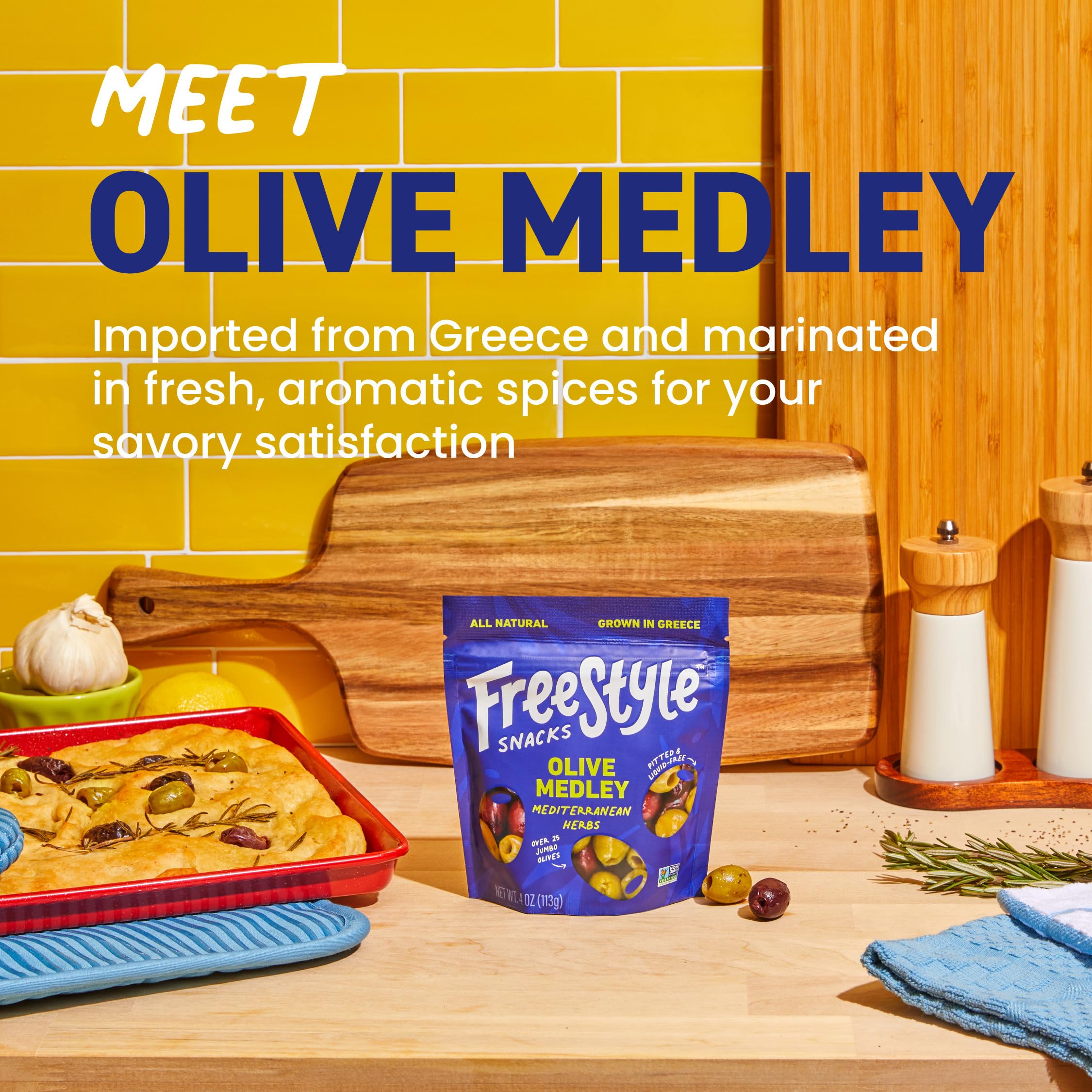 Freestyle Snacks olive packs shown in a mess-free resealable pouch for on the go.