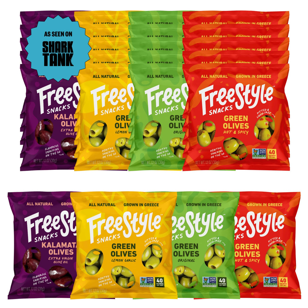 Freestyle Snacks Original Green olives in a portable 1.1 oz pouch for on-the-go snacking.