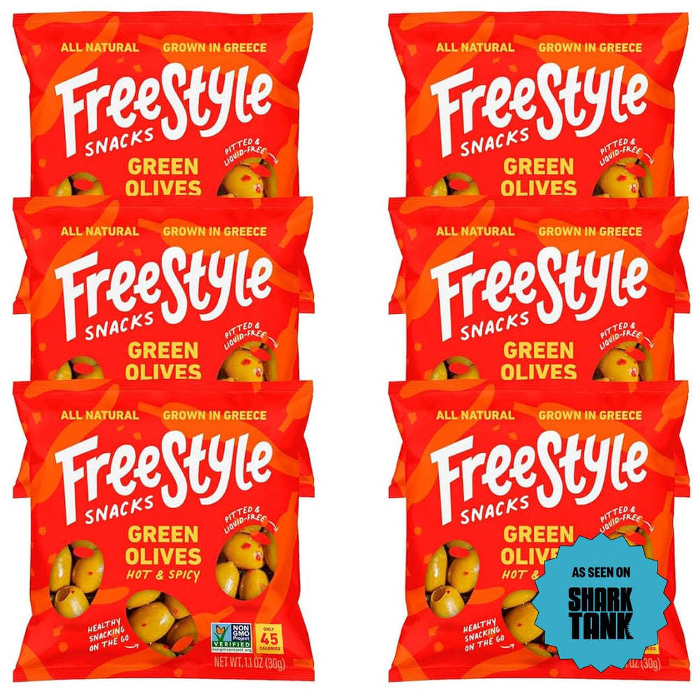 Freestyle Snacks olive snack pack packaging shown in a six-pack display for convenient on-the-go snacking.