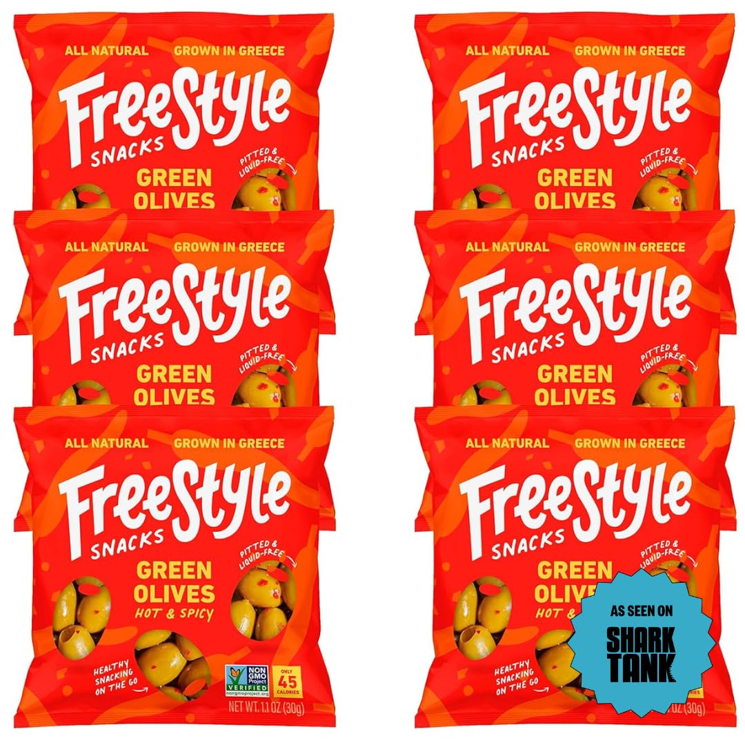Freestyle Snacks olive snack pack packaging shown in a six-pack display for convenient on-the-go snacking.