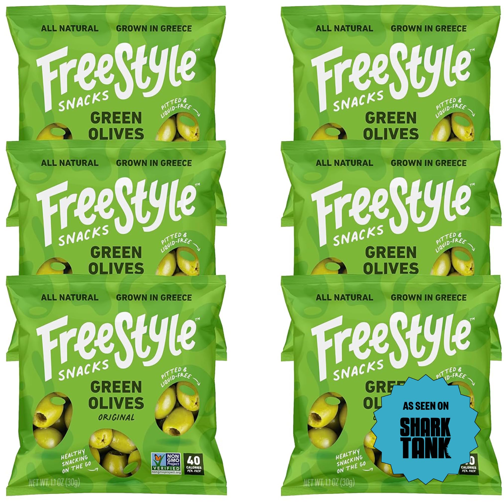 Freestyle Snacks olive snack packs front view showing mess-free single-serve olives