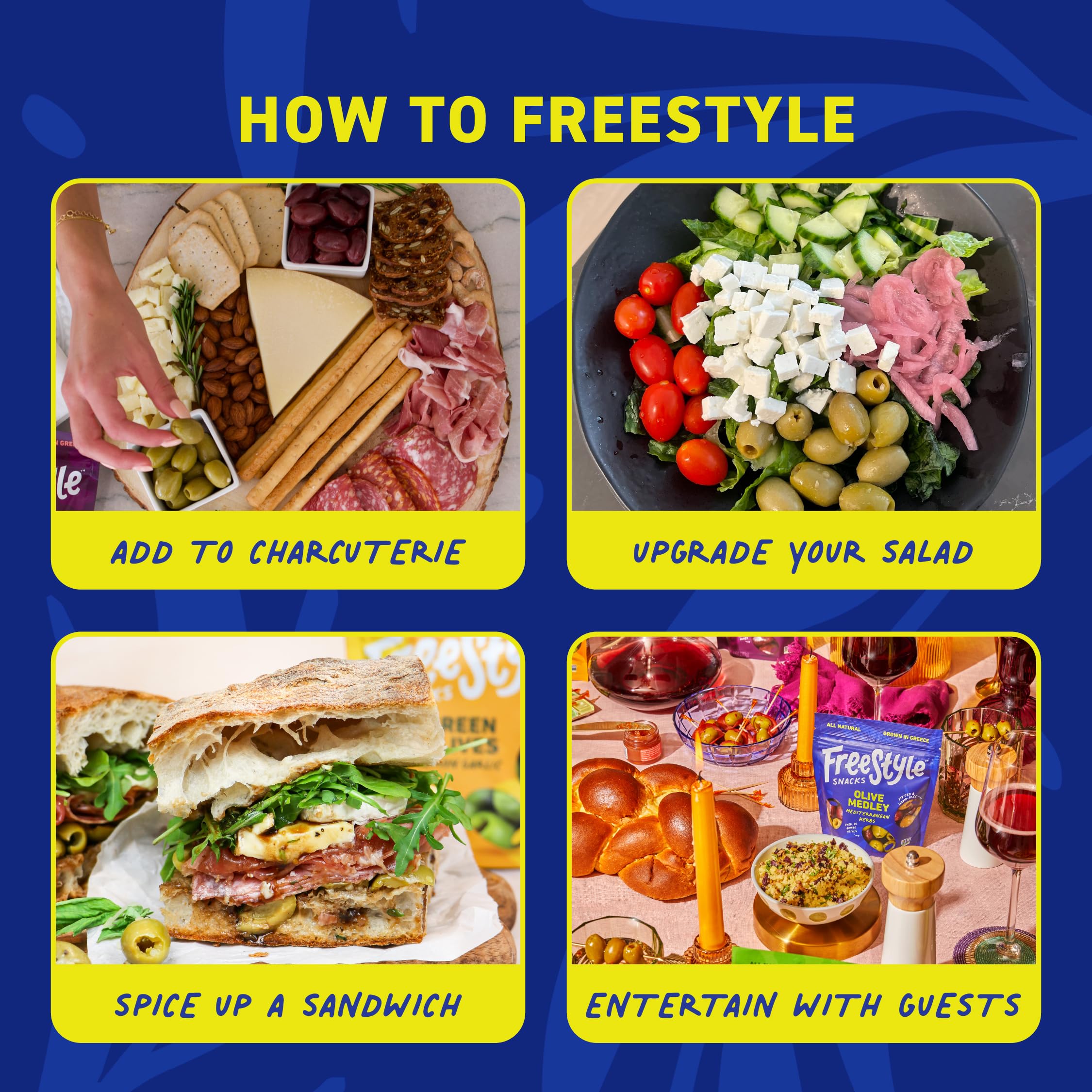Freestyle Snacks olives sprinkled on a vibrant salad plate for a Mediterranean touch.