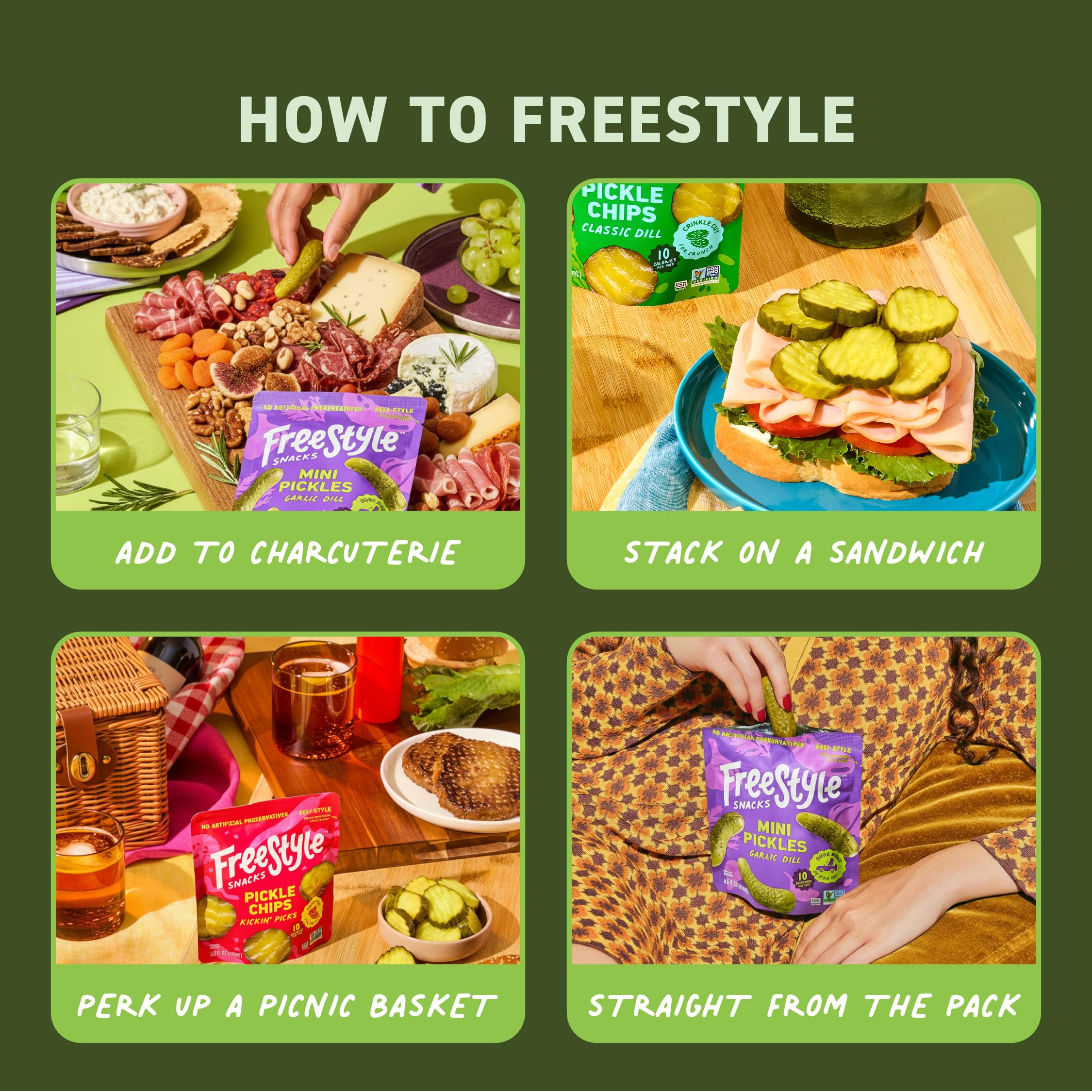 Freestyle Snacks pickle brine-packed cucumbers delivering fresh flavor.