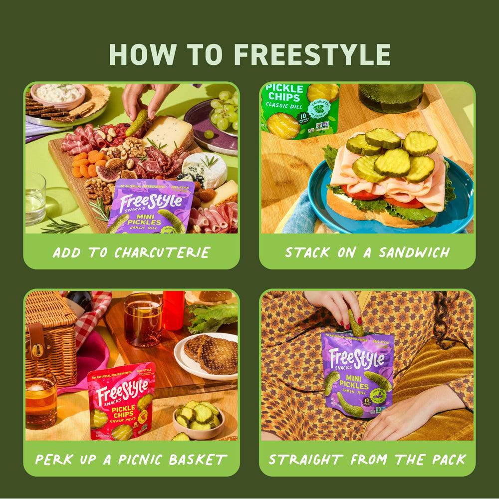 Freestyle Snacks pickle brine-packed cucumbers delivering fresh flavor.