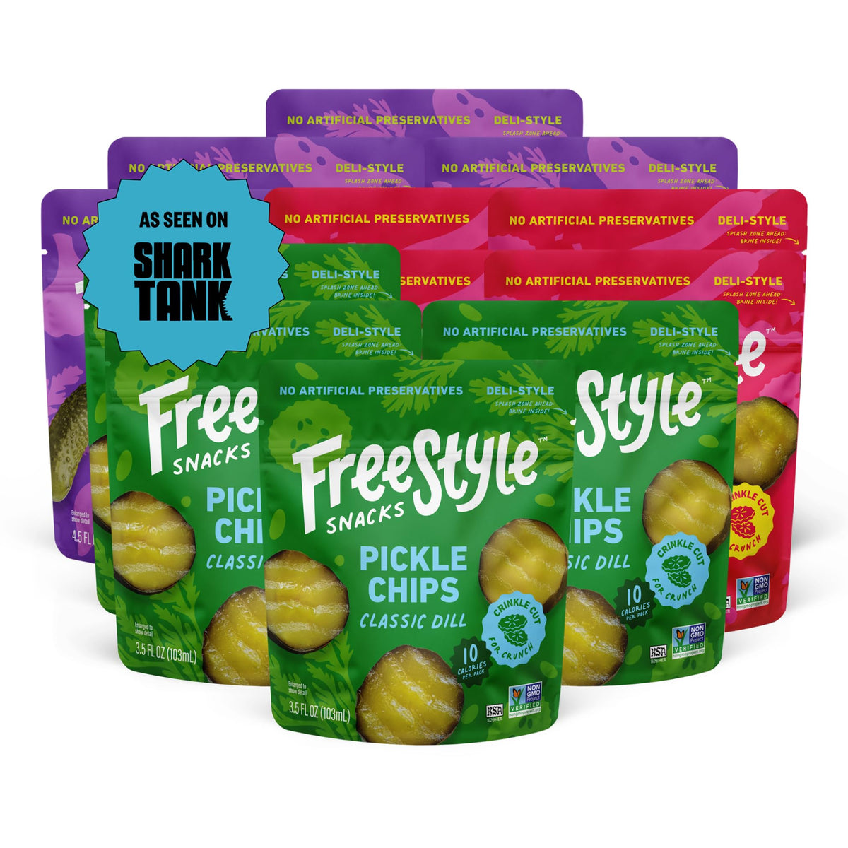 Freestyle Snacks pickle variety pack shows 3 flavors for convenient, on-the-go snacking.