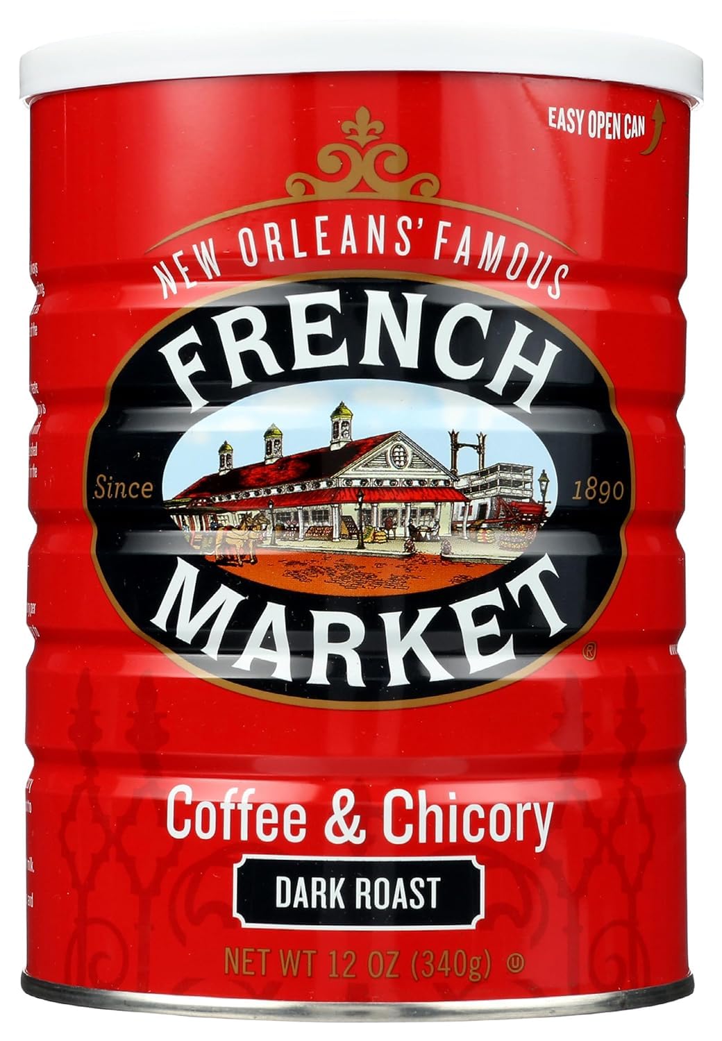 French Market Coffee Chicory Dark Roast six-pack can closeup promises rich, smooth mornings