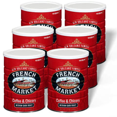 French Market Coffee & Chicory medium-dark ground bag, premium Arabica aroma and smooth finish.