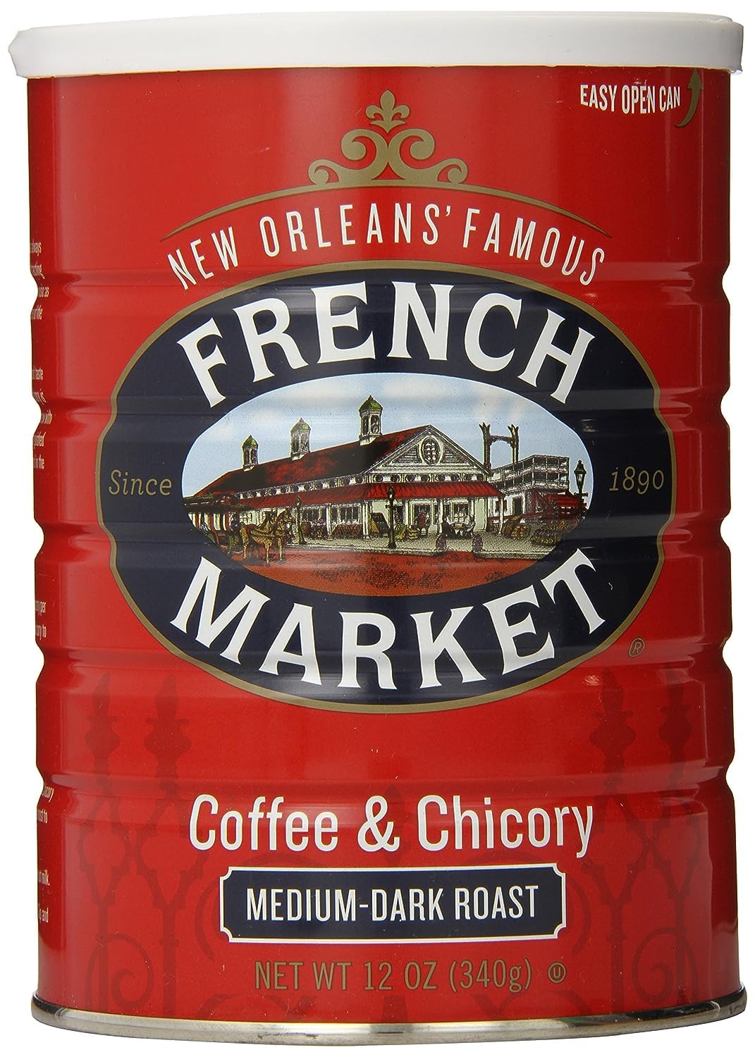 French Market Coffee and Chicory medium-dark ground coffee can with bold aroma for daily brew