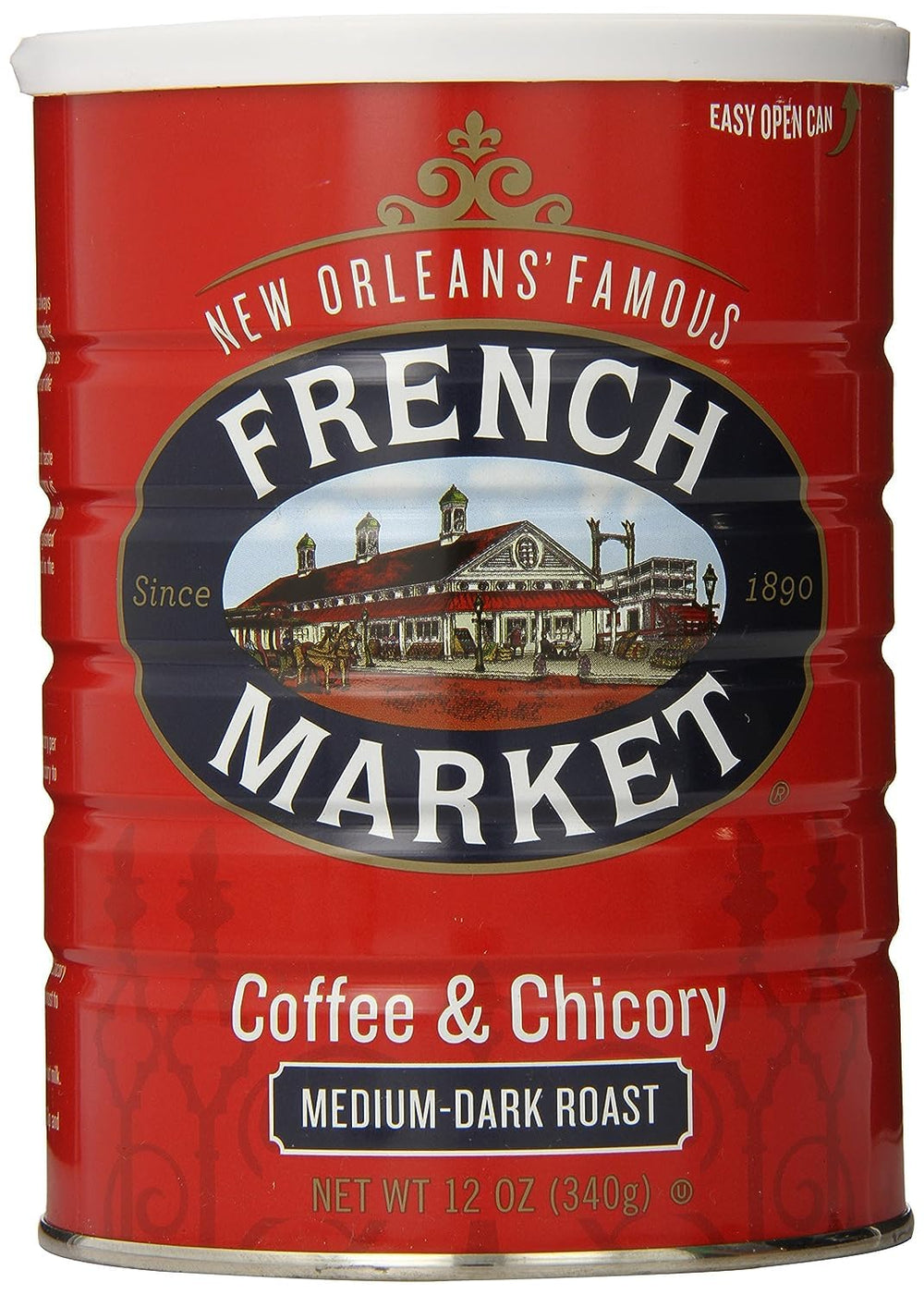 French Market Coffee and Chicory medium-dark ground coffee can with bold aroma for daily brew