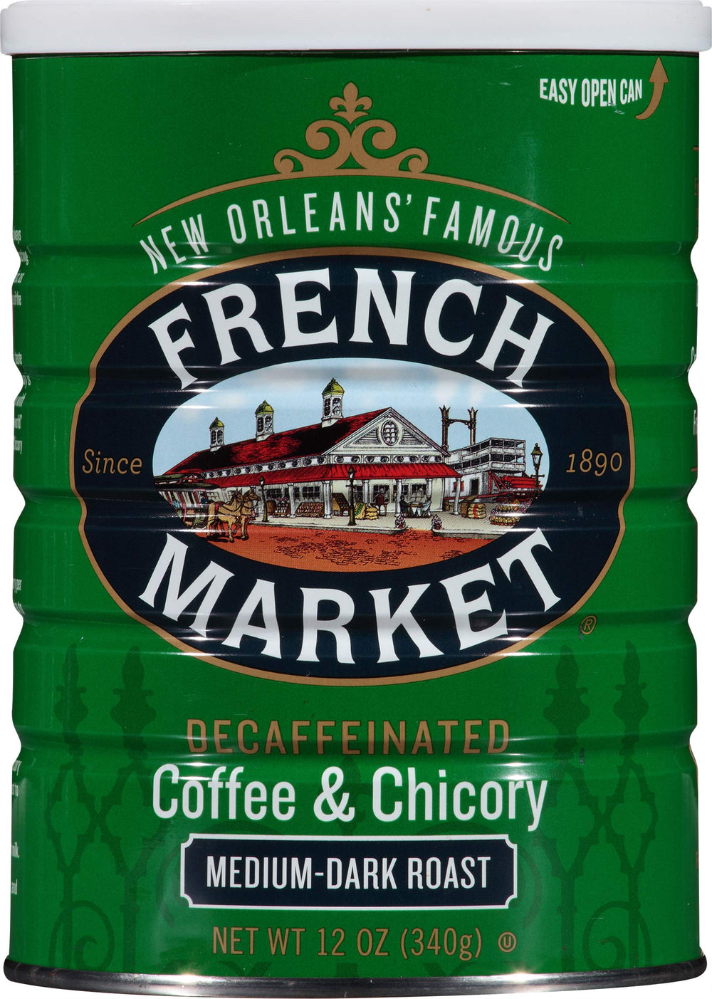 French Market decaf chicory can front, showcasing rich aroma and smooth finish