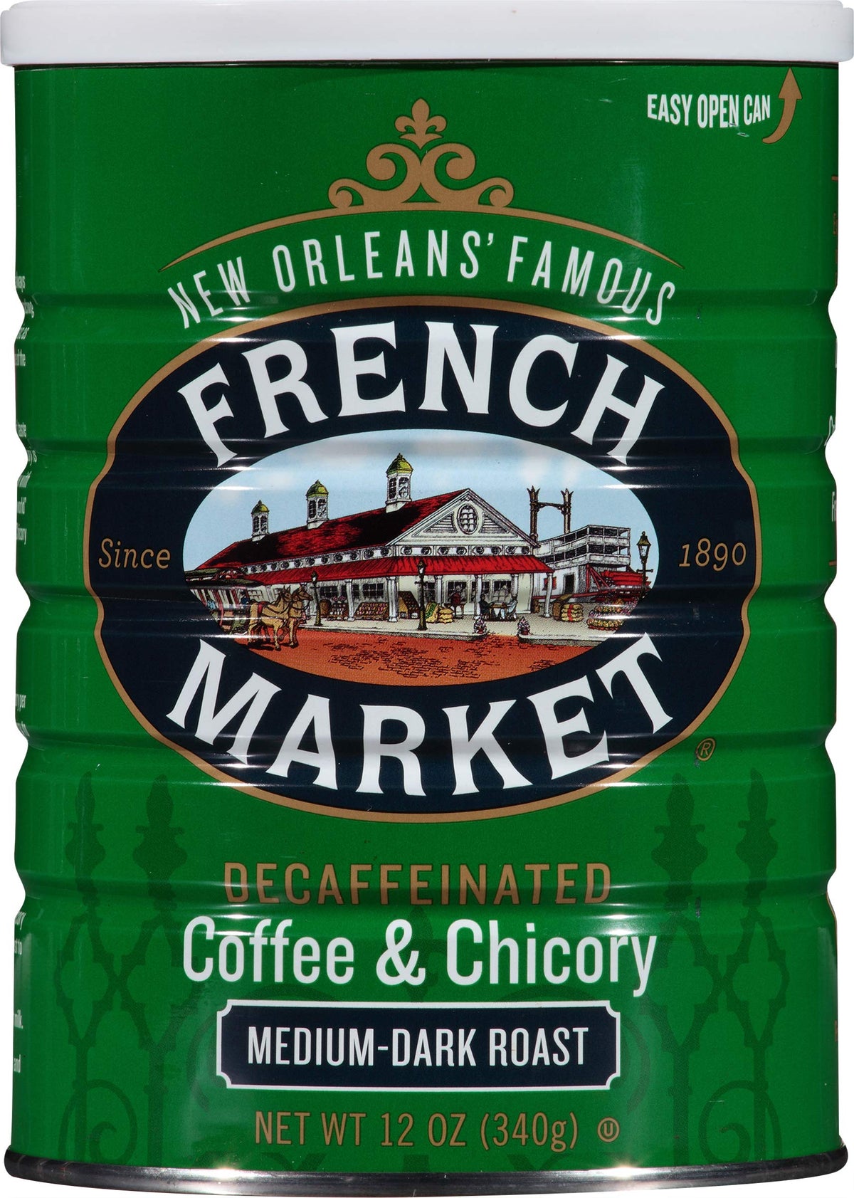 French Market decaf chicory can front, showcasing rich aroma and smooth finish