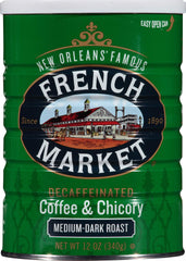 French Market decaf chicory can front, showcasing rich aroma and smooth finish