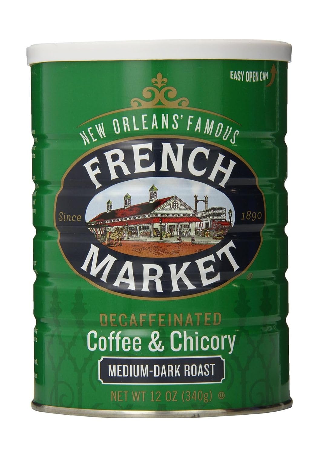 French Market decaf coffee chicory packshot shows a 12oz can for flavorful caffeine-free brewing