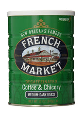 French Market decaf coffee chicory packshot shows a 12oz can for flavorful caffeine-free brewing