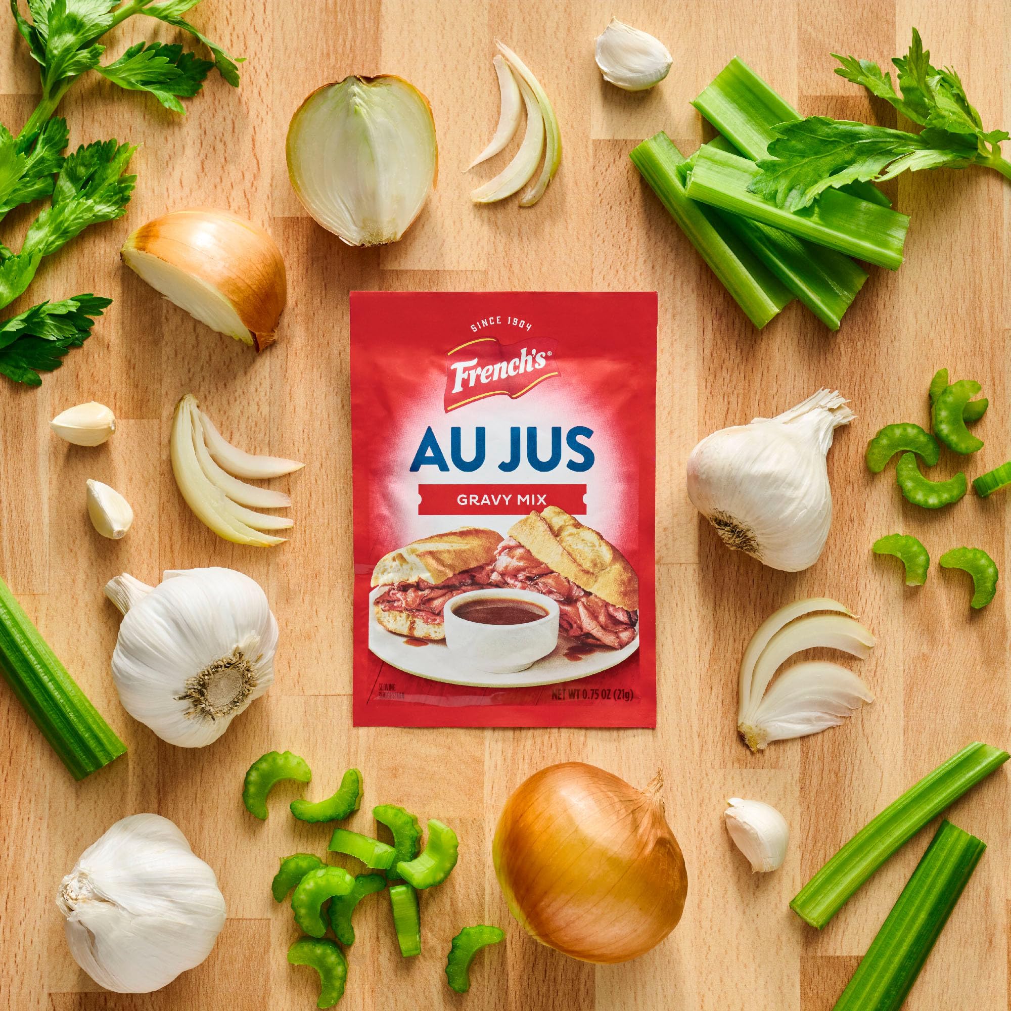 French's Au Jus Gravy Mix on kitchen counter, pantry staple.