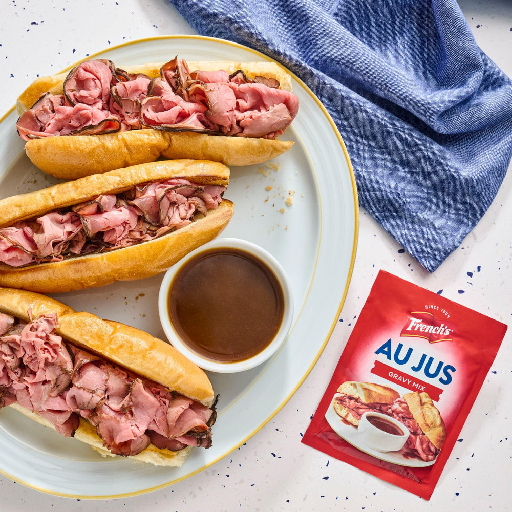 French's Au Jus Gravy Mix with roast beef dish for a savory sauce.