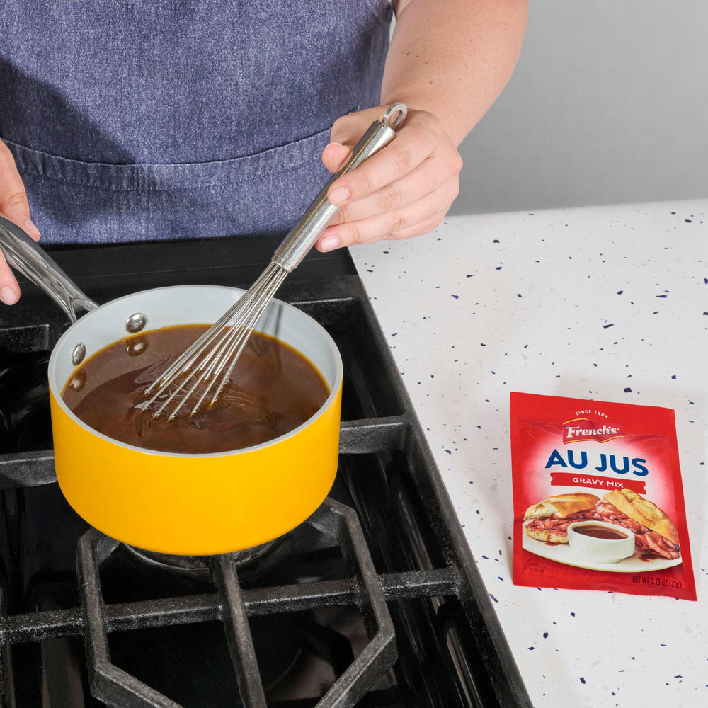 French's Au Jus Gravy Mix served over mashed potatoes for comfort.