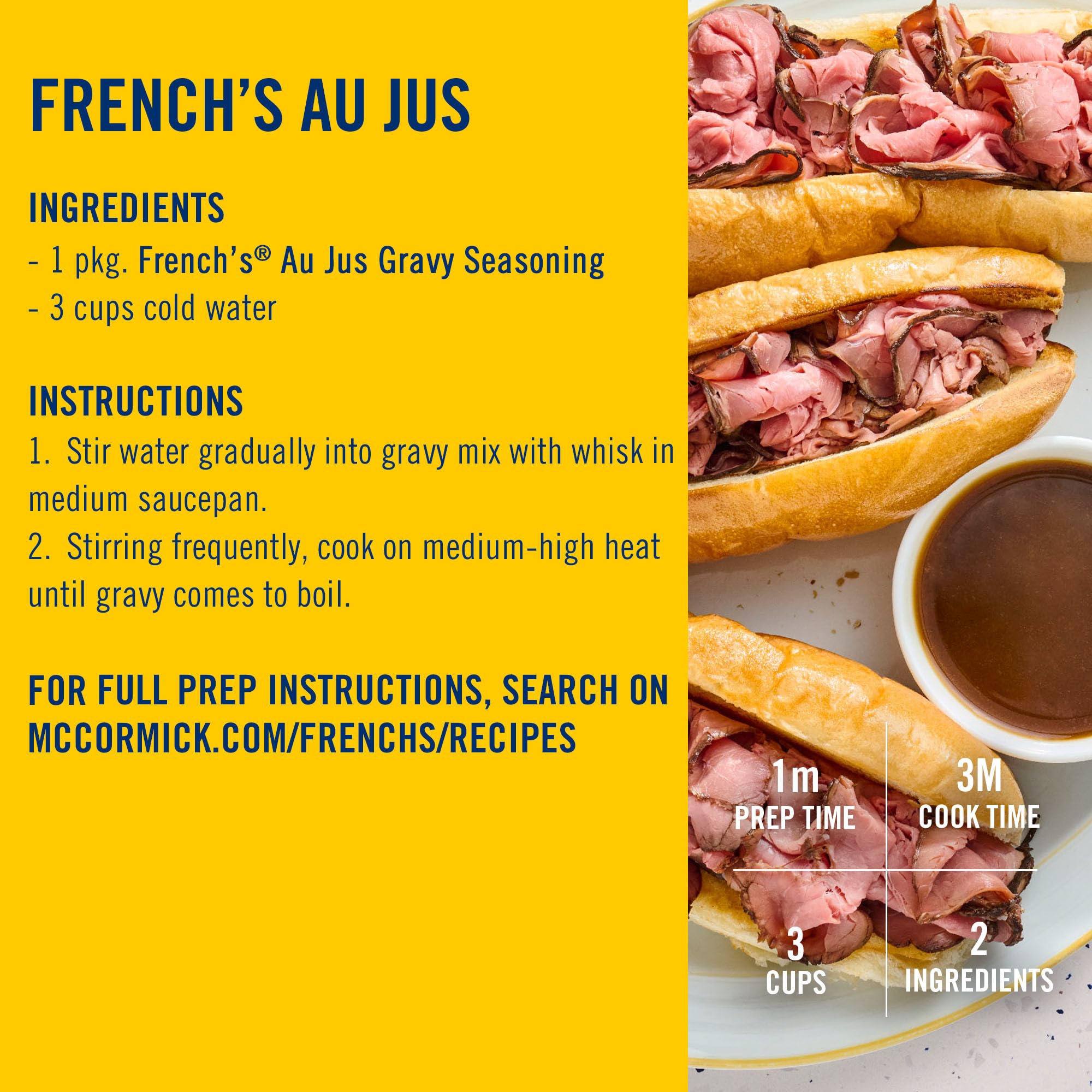 French's Au Jus Gravy Mix slices dipped in flavorful gravy.