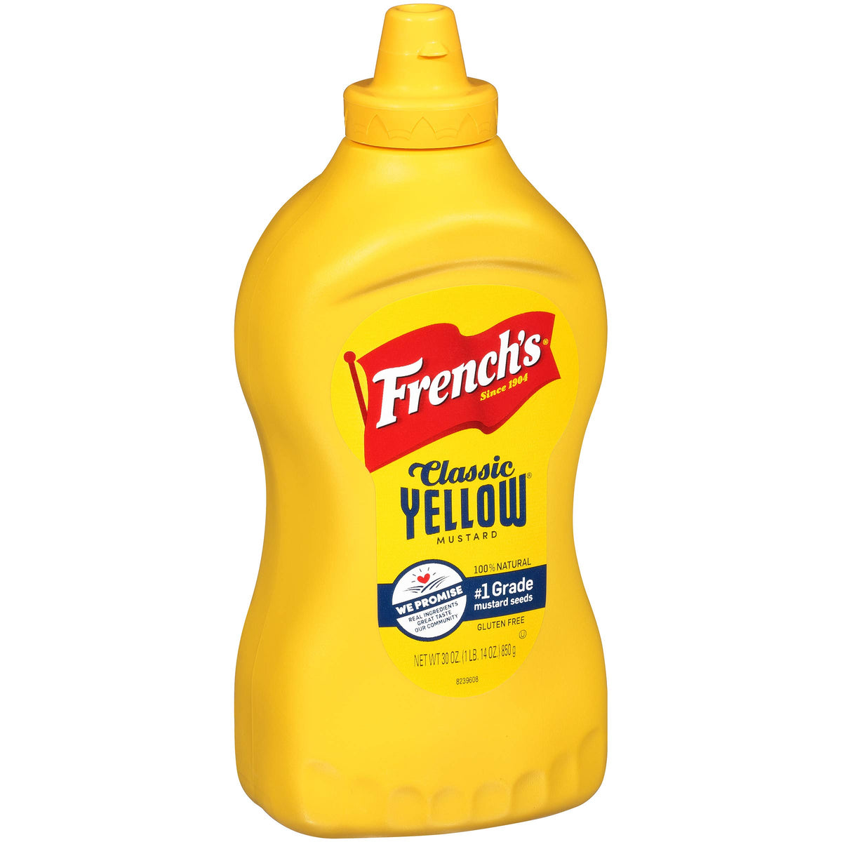 French's Classic Yellow Mustard bottle on table, ready to top sandwiches.