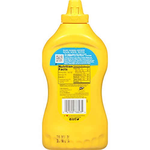 French's mustard bottle shows bright glossy yellow color on label.