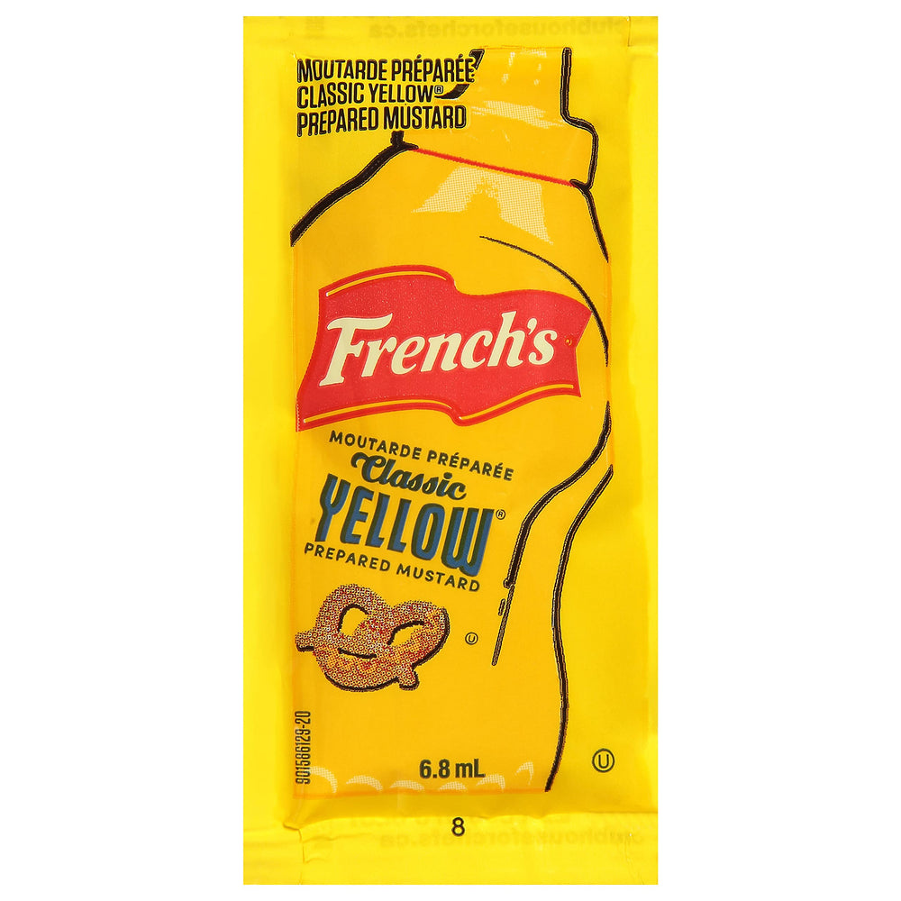 French's Yellow Mustard packets with glossy color enhancing burgers and sandwiches.