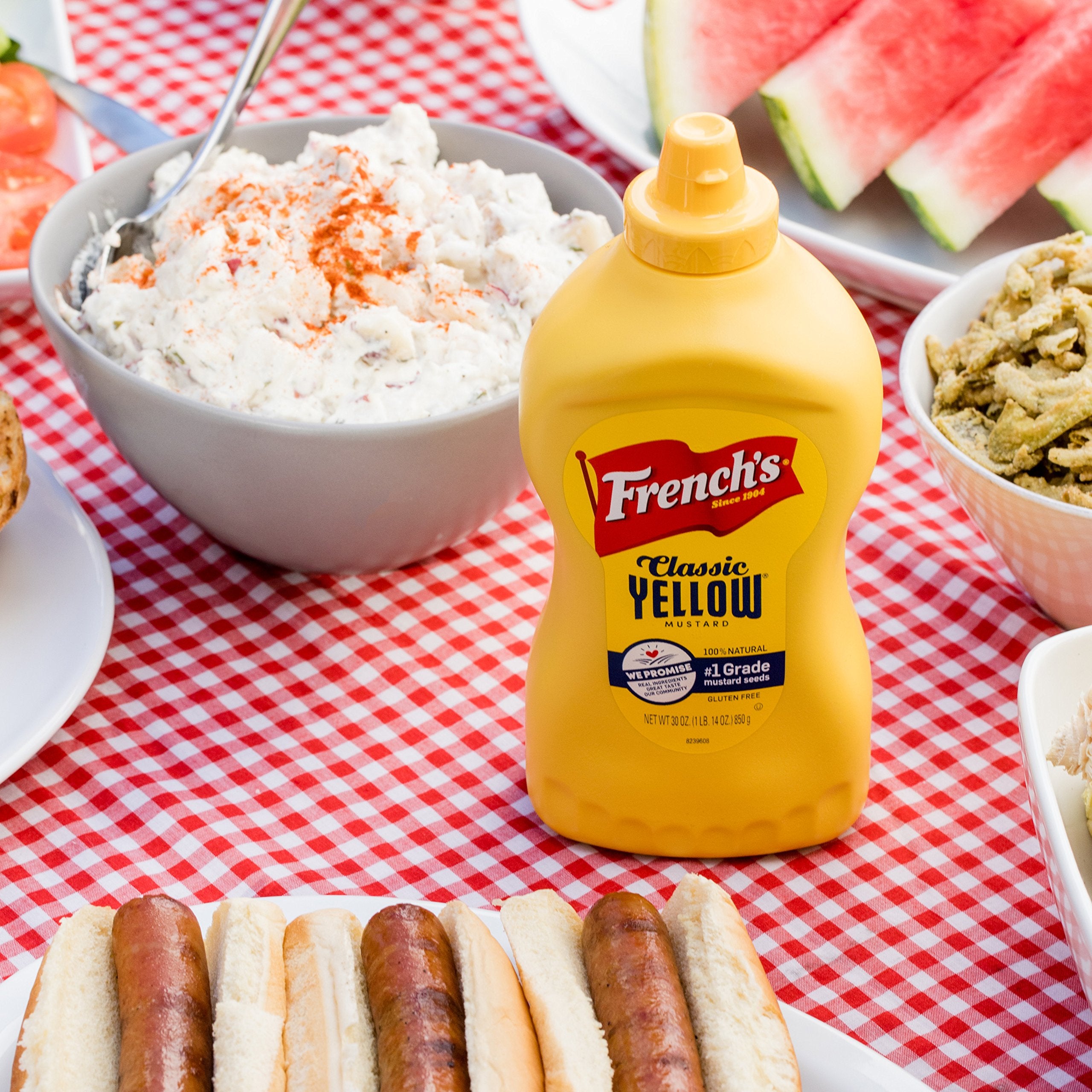 No artificial flavors label visible on French's Classic Yellow Mustard jar.