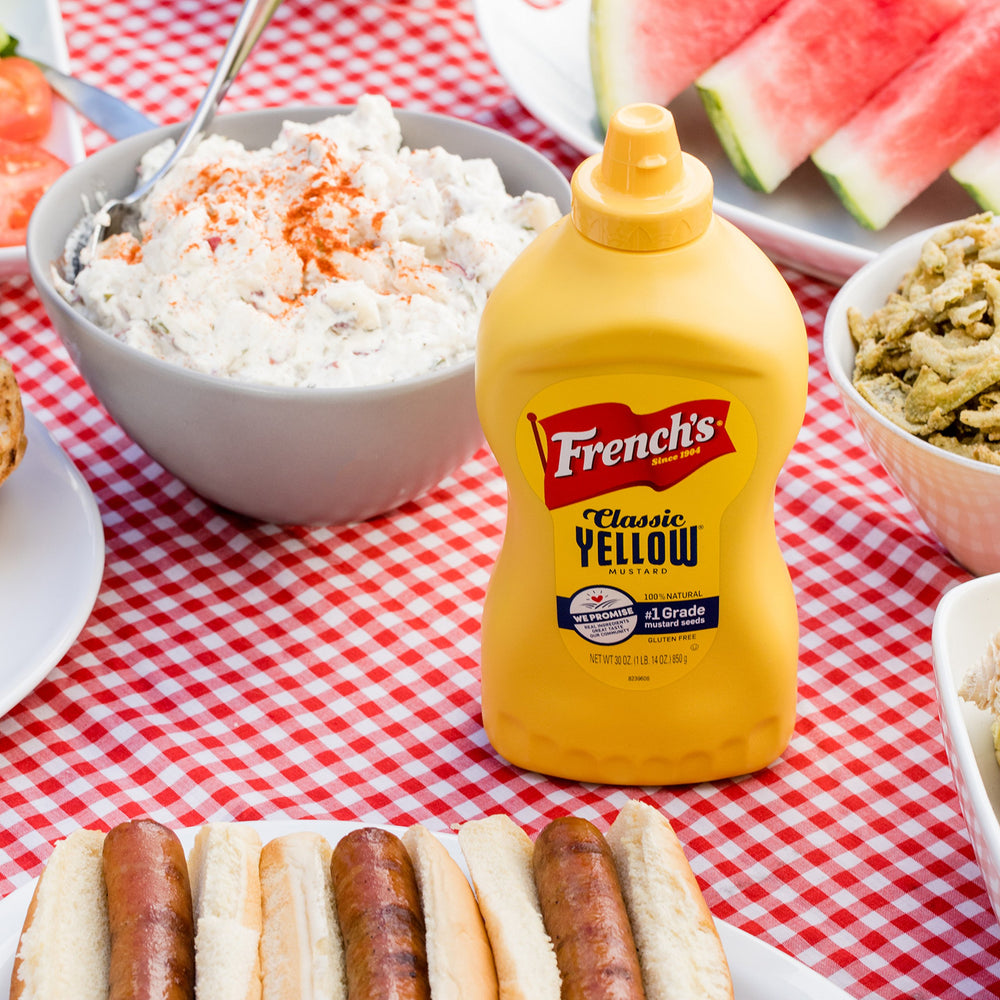No artificial flavors label visible on French's Classic Yellow Mustard jar.