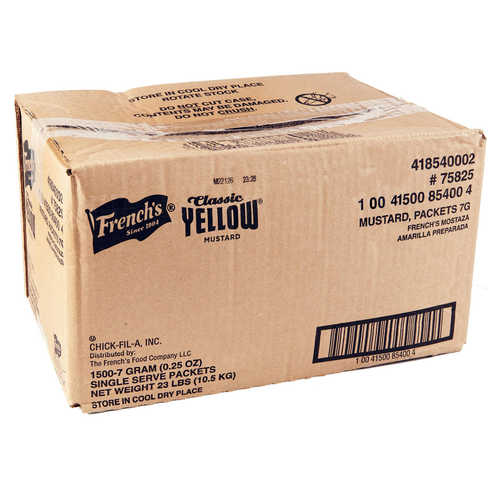 French's Classic Yellow Mustard packet, 7g, ideal for single-serve condiments.