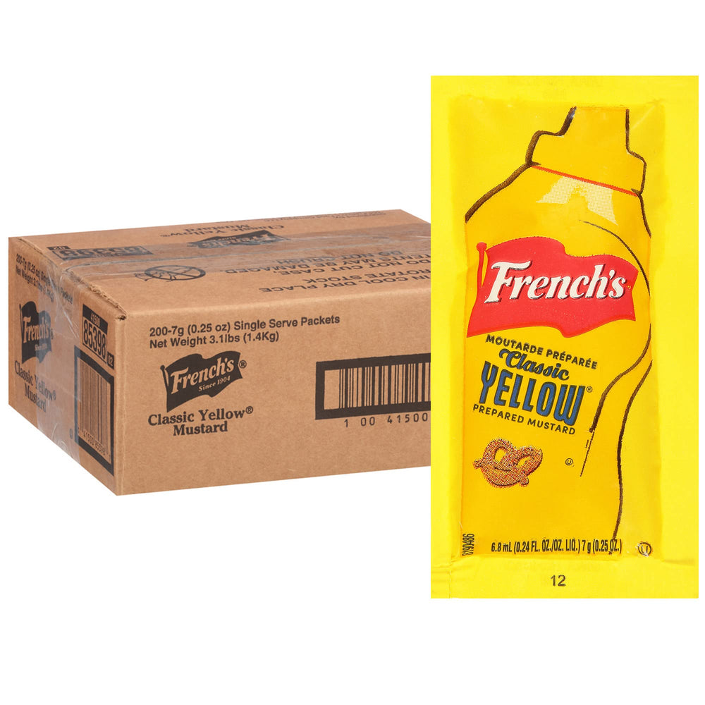 French's Classic Yellow Mustard packets on a serving tray, ideal for quick meals.
