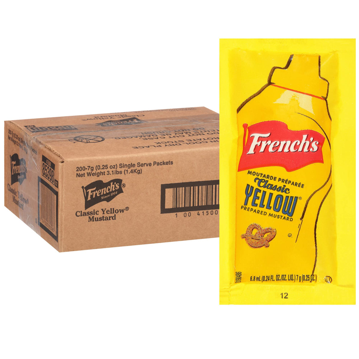 French's Classic Yellow Mustard packets on a serving tray, ideal for quick meals.