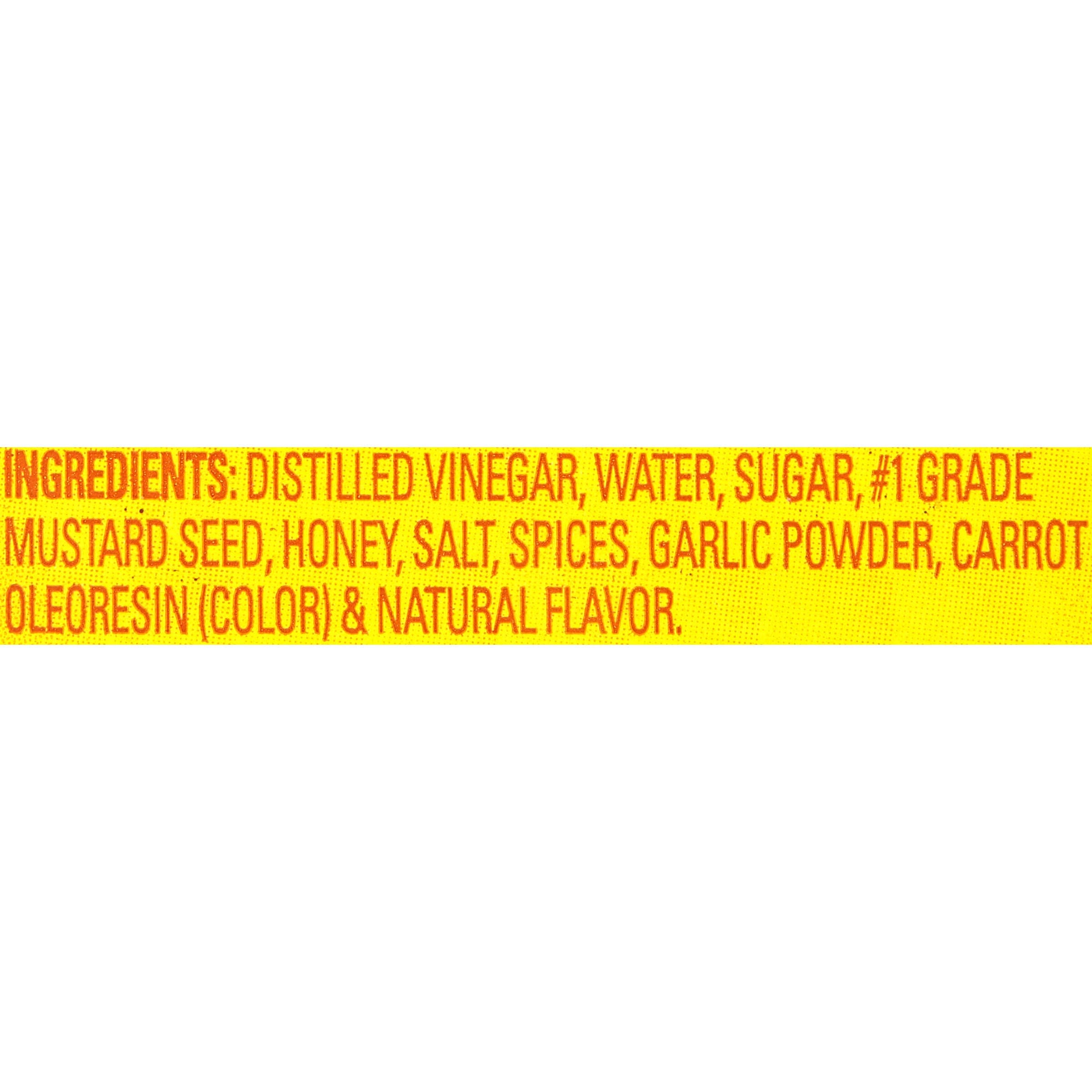 Close-up of French's Honey Mustard label highlights real honey and seeds.
