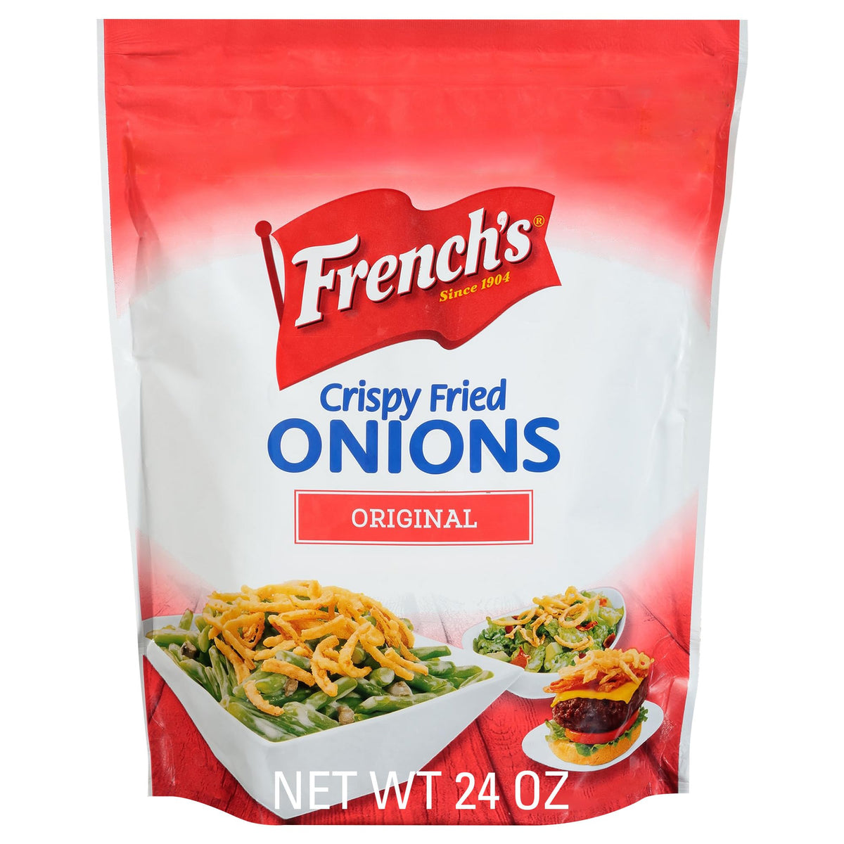 French's Original Crispy Fried Onions bag open, ready to garnish meals.