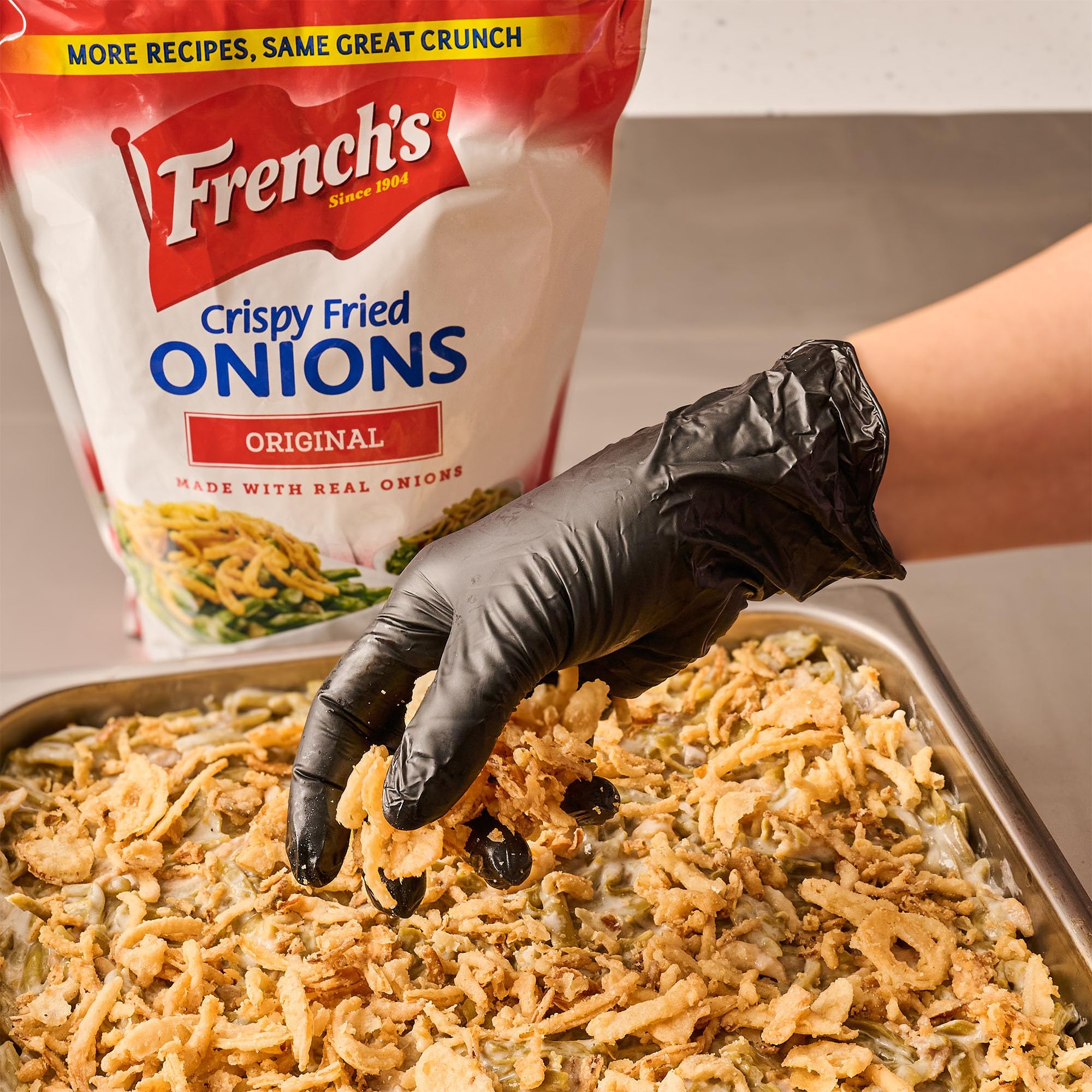French's Original Crispy Fried Onions golden color enhances plate appeal.