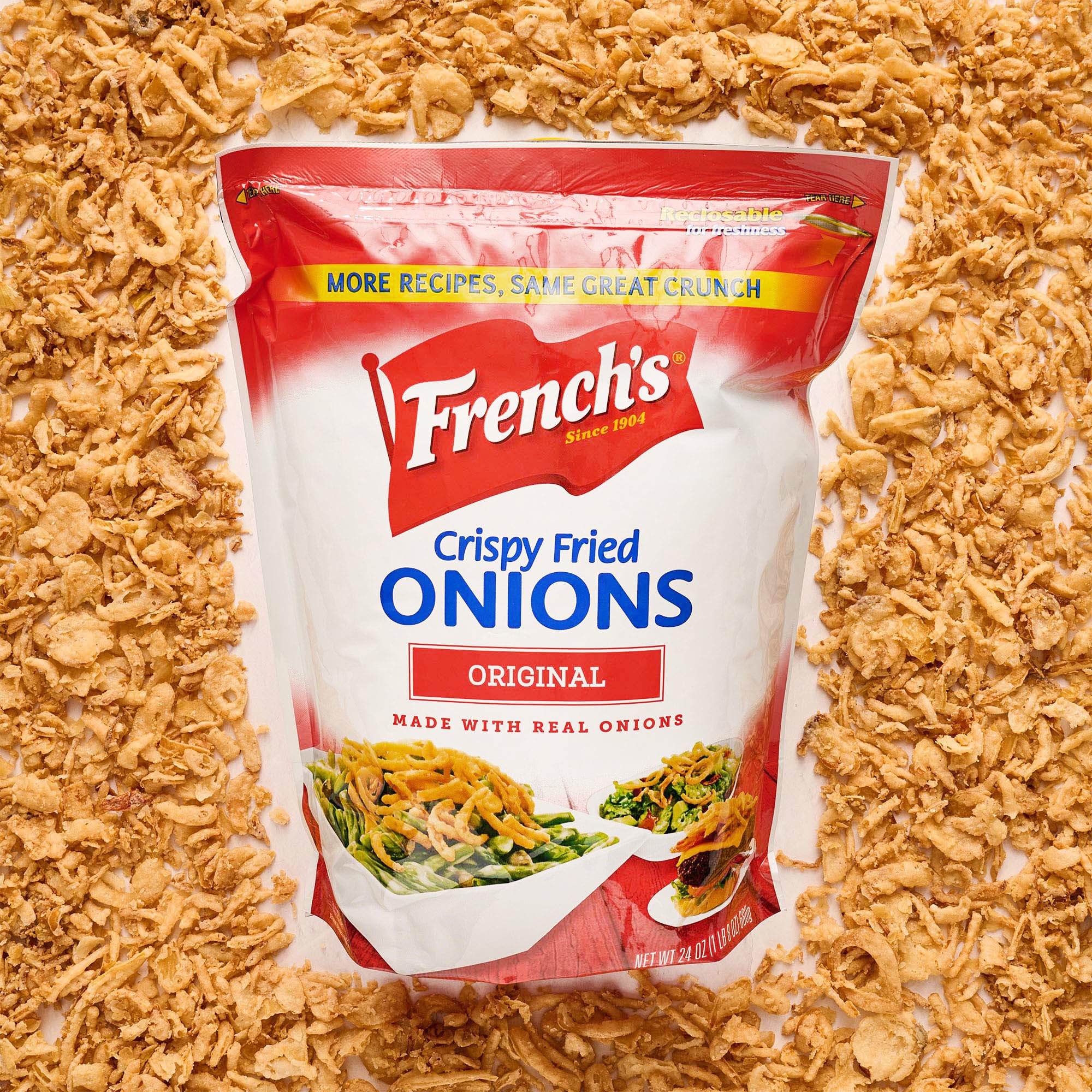 French's Original Crispy Fried Onions resealable pouch keeps freshness.