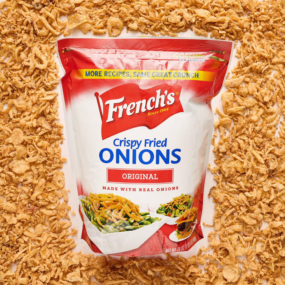 French's Original Crispy Fried Onions resealable pouch keeps freshness.