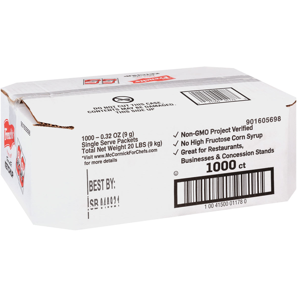 French's Tomato Ketchup Packets box front for easy bulk condiment stocking.