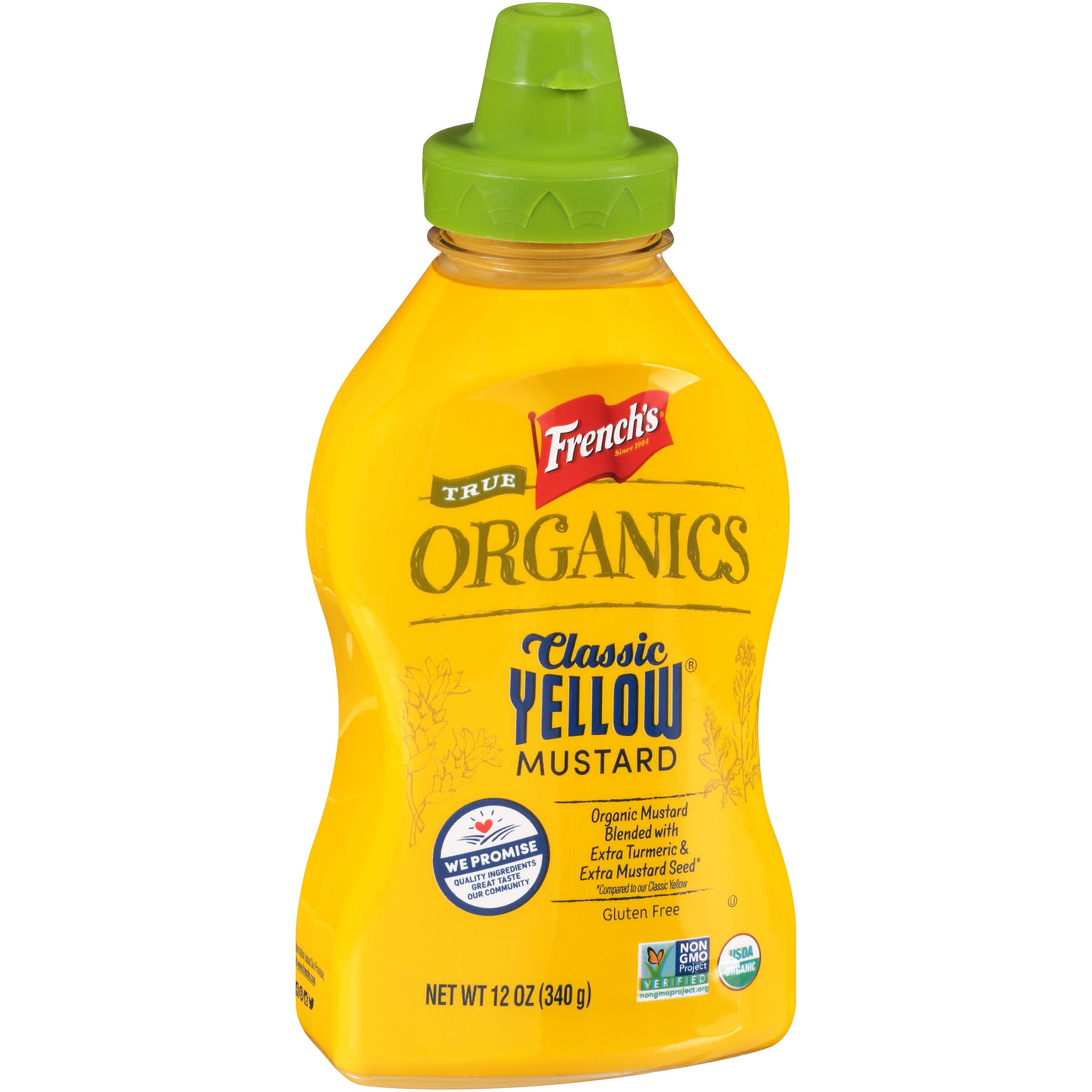 French's True Organics Classic Yellow Mustard bottle shows bold tangy flavor